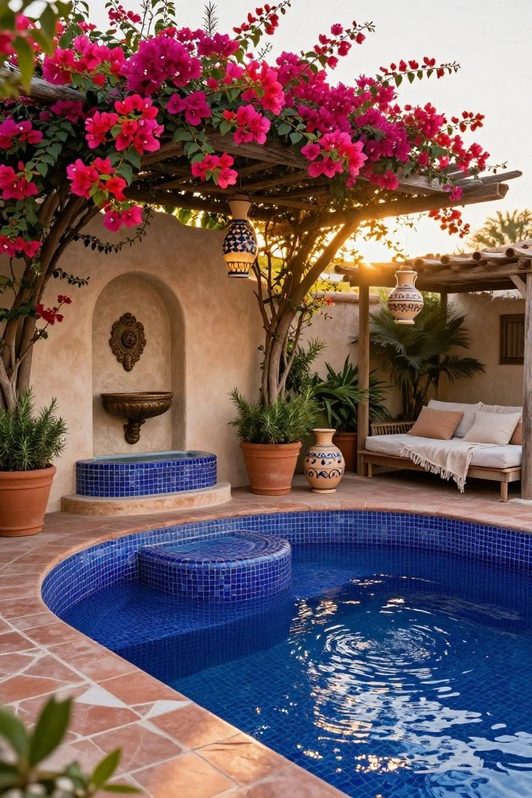 20 Luxury Pool Exterior Ideas That Boost Curb Appeal Curved blue mosaic-tiled pool with steps and spa, under wooden pergola covered in pink bougainvillea, next to adobe wall with arched niche fountain, lounge seating, potted plants, and hanging lanterns on terracotta patio.
