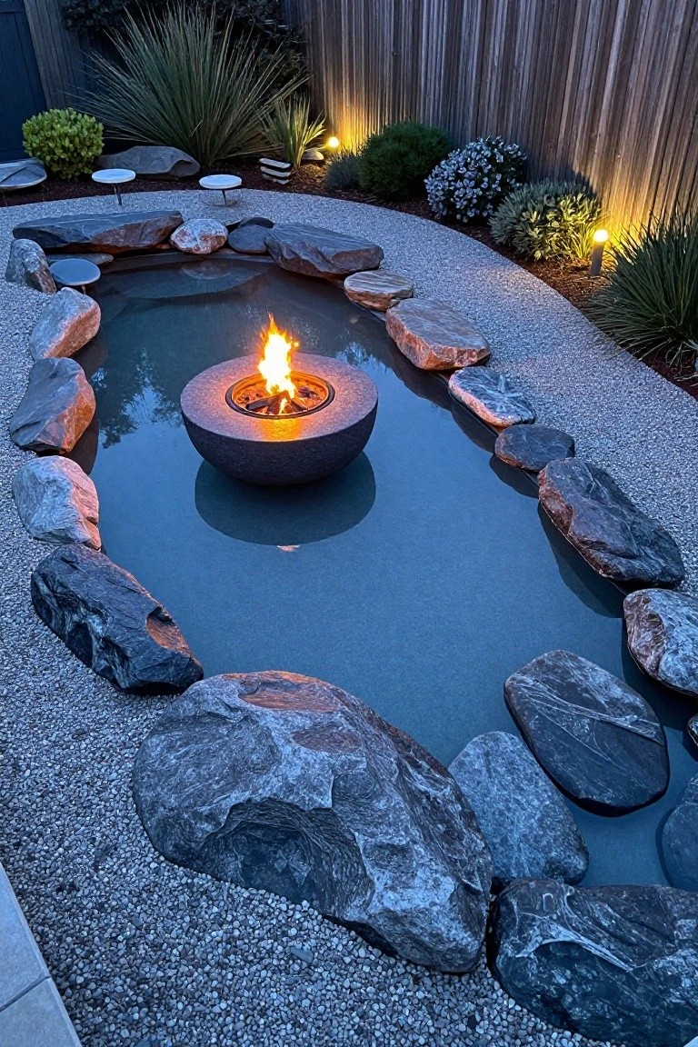 20 Luxury Pool Exterior Ideas That Boost Curb Appeal Overhead view of a circular shallow pool containing a central gray stone fire bowl with flames, edged by large irregular rocks, on gravel ground with plants and uplights in a fenced backyard at evening.