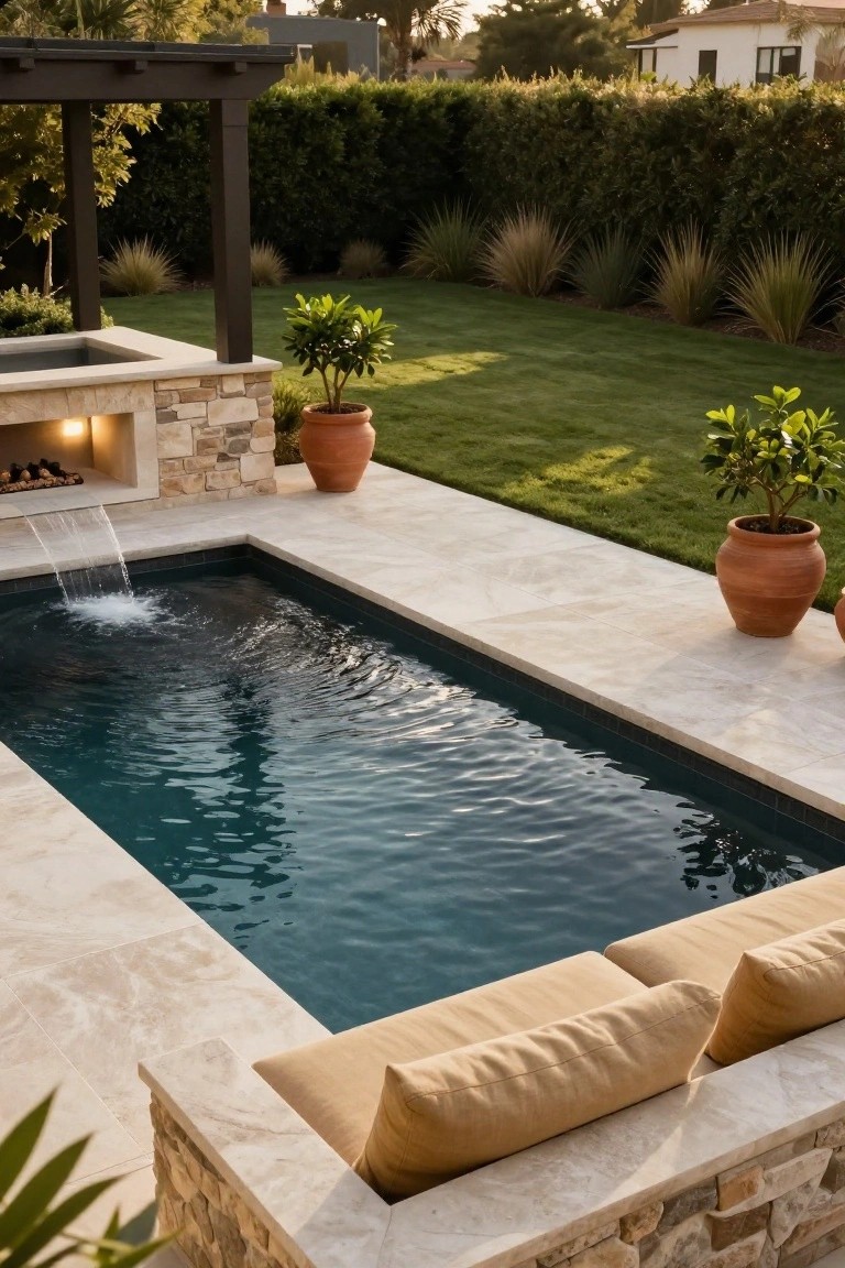 20 Luxury Pool Exterior Ideas That Boost Curb Appeal Small rectangular turquoise pool with stone fire pit and waterfall at one end, travertine paving surround, beige lounge cushions on the edge, potted plants, grassy lawn, and wooden pergola structure in a backyard.