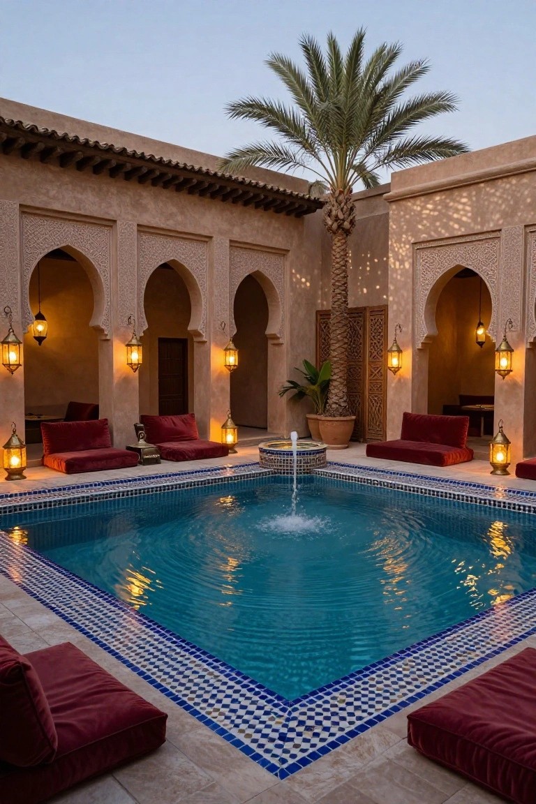 20 Luxury Pool Exterior Ideas That Boost Curb Appeal Square blue-tiled pool with central fountain in a Moroccan-style courtyard, surrounded by low red velvet floor cushions, hanging lanterns, palm tree, and arched walls.