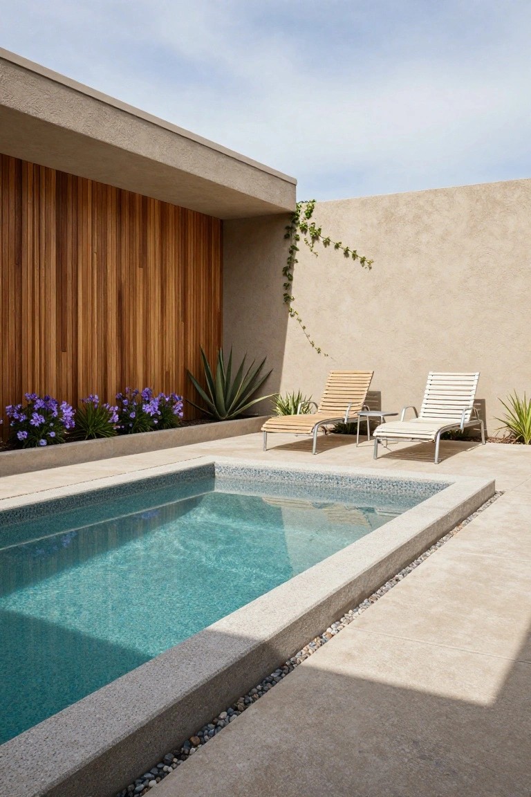20 Luxury Pool Exterior Ideas That Boost Curb Appeal Narrow rectangular plunge pool with turquoise mosaic tiles and granite edging on a beige stone deck, two lounge chairs in wood and white nearby, wooden slat screen wall, beige stucco architecture, agave plants, purple flowers, and small pebbles along the edge.