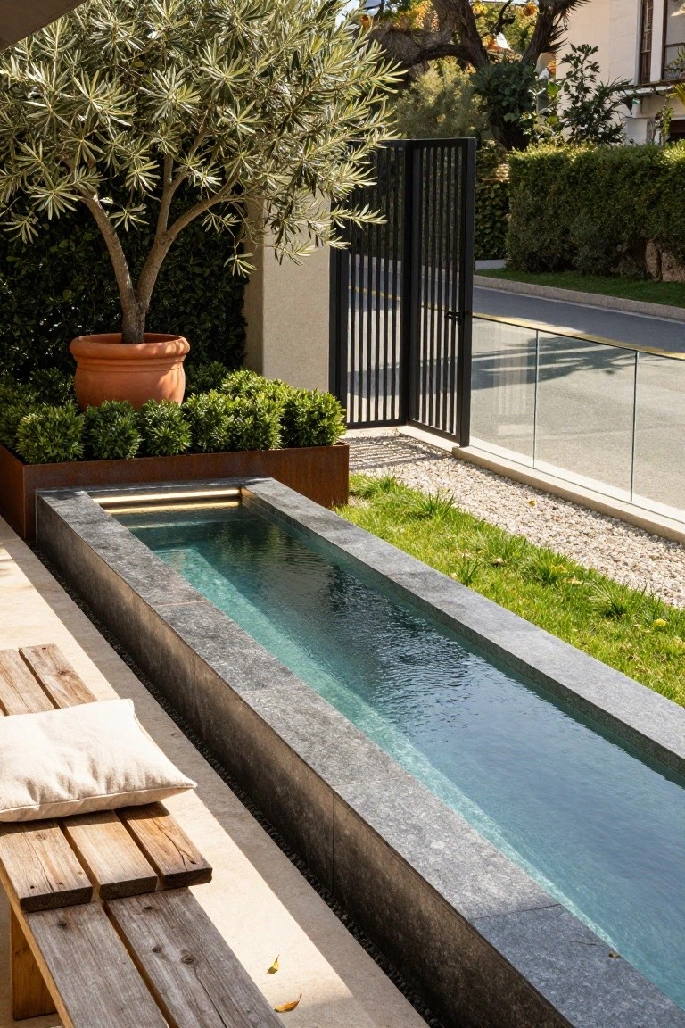 20 Luxury Pool Exterior Ideas That Boost Curb Appeal Narrow rectangular pool with turquoise water flush-mounted into a dark stone patio edge, next to a wooden bench with white cushion, olive tree in terracotta pot, boxwood shrubs, and black metal gate by a street.