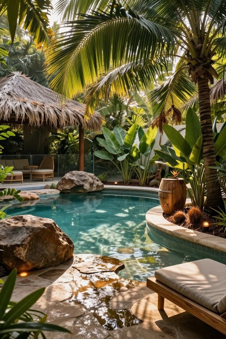 20 Luxury Pool Exterior Ideas That Boost Curb Appeal Curved turquoise pool edged with large gray boulders, surrounded by tropical palms, banana plants, and wooden barrel, with a cushioned lounger on stone paving nearby.