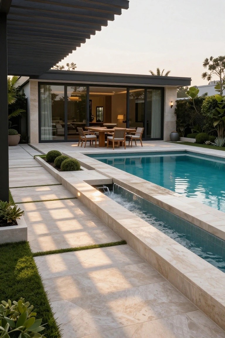 20 Luxury Pool Exterior Ideas That Boost Curb Appeal Stone patio deck with linear grass strips and boxwood planters adjacent to a rectangular turquoise pool featuring a waterfall spillover from the raised deck edge, next to a modern house with glass walls and outdoor dining table.