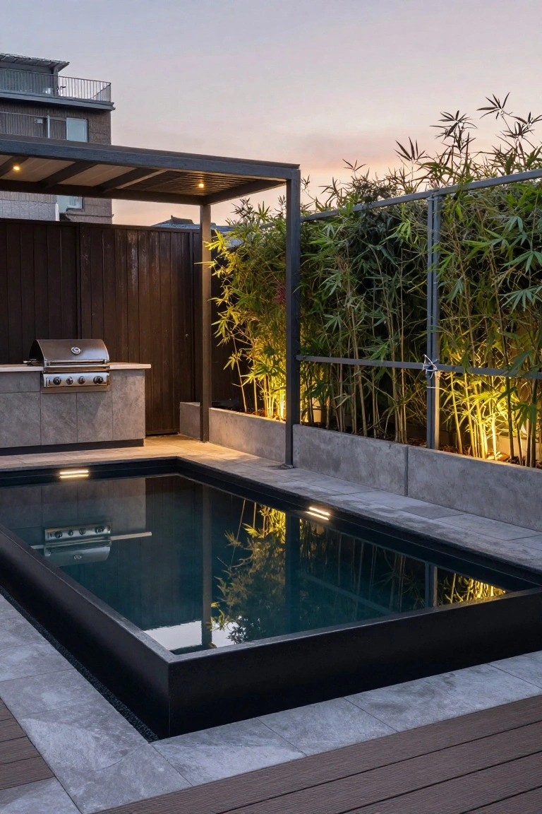 20 Luxury Pool Exterior Ideas That Boost Curb Appeal Rooftop terrace at dusk with rectangular black-edged plunge pool featuring underwater LED lighting, adjacent stone countertop with built-in gas grill, covered pergola, dark wood decking, and illuminated tall bamboo privacy screens.