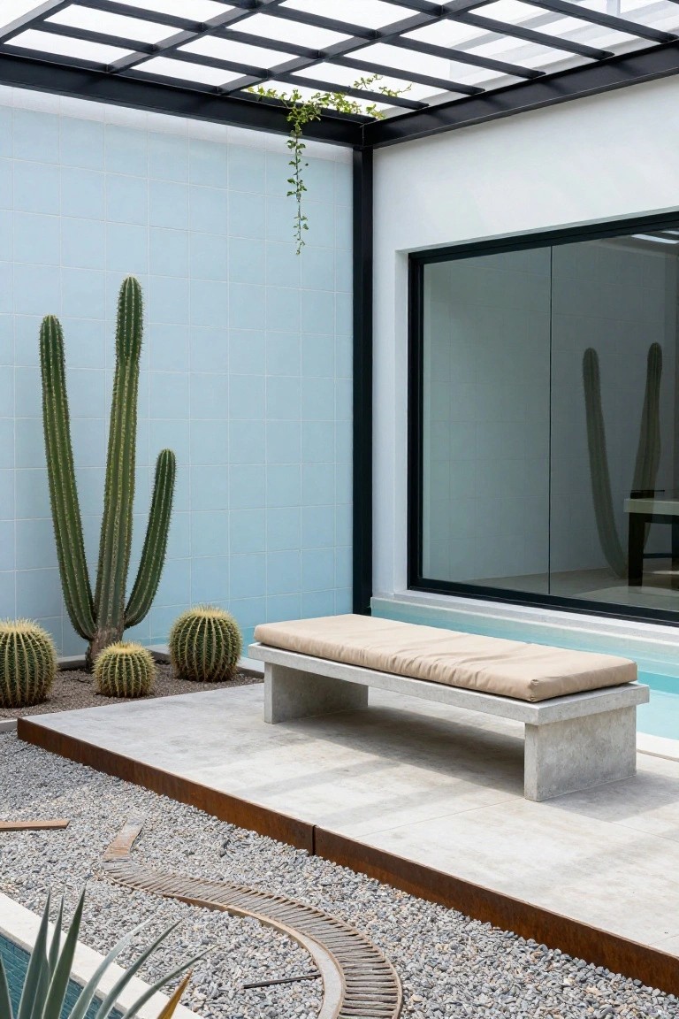 20 Luxury Pool Exterior Ideas That Boost Curb Appeal Outdoor pool area featuring a long concrete bench with beige cushion next to the water, flanked by large cacti plants, gravel ground with a curved wood-edged path, blue tiled wall, large window, and black metal pergola overhead.
