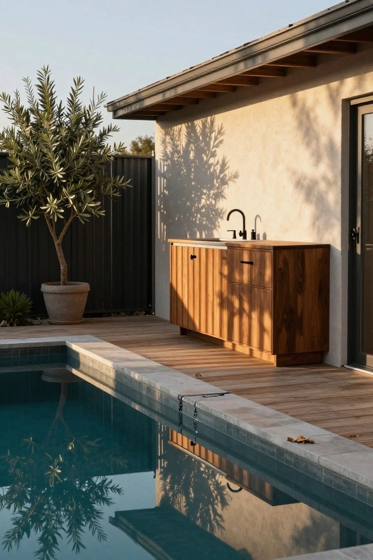 20 Luxury Pool Exterior Ideas That Boost Curb Appeal Wooden cabinet unit with sink and faucet on a deck beside an in-ground pool, next to a beige stucco house wall, olive tree in a pot, and wooden fence.