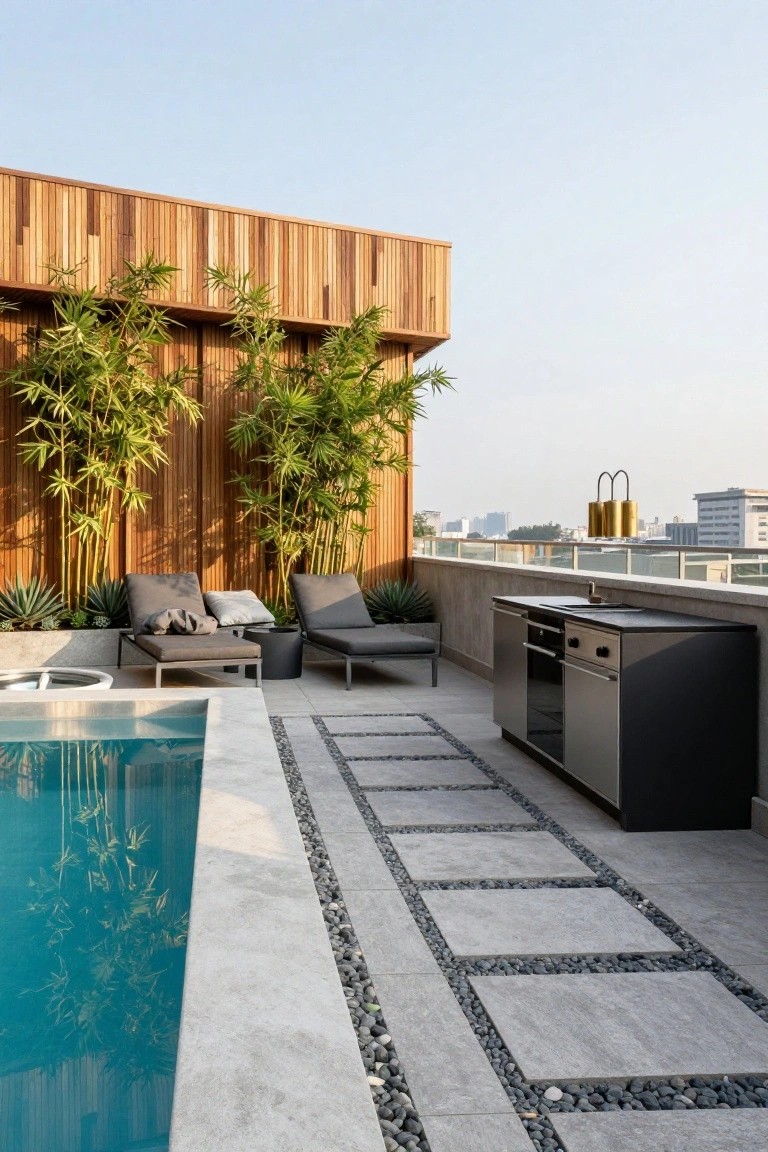 20 Luxury Pool Exterior Ideas That Boost Curb Appeal Rooftop terrace with a narrow turquoise pool edged in stone, two gray lounge chairs with cushions, black outdoor kitchen cabinet, tall vertical bamboo screens, potted plants, and pebbled walkways overlooking city buildings.