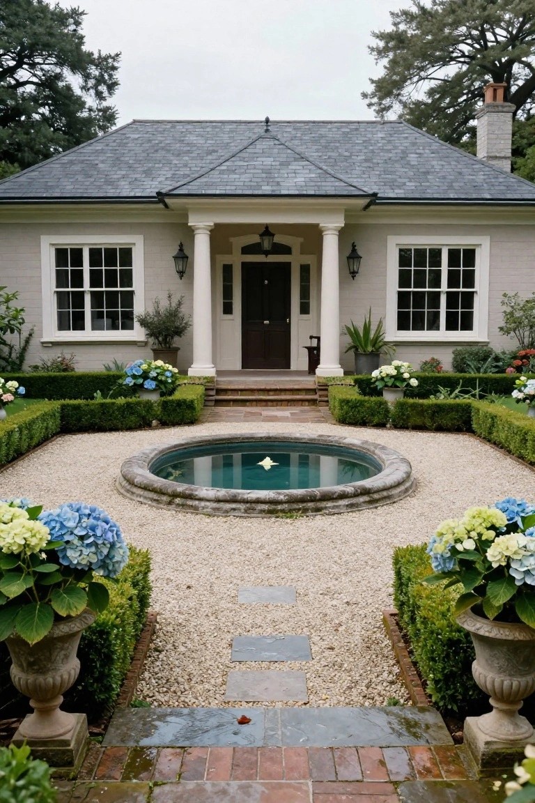 20 Luxury Pool Exterior Ideas That Boost Curb Appeal Symmetrical front garden with circular stone pool in gravel courtyard, surrounded by boxwood hedges and hydrangeas, leading to a white house with gray roof and columned entry porch.