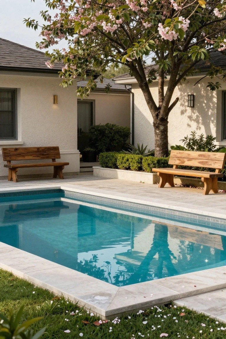 20 Luxury Pool Exterior Ideas That Boost Curb Appeal A rectangular turquoise pool edged in tile, flanked by two rustic wooden benches, with a white house, cherry blossom tree, shrubs, and grass in the background.