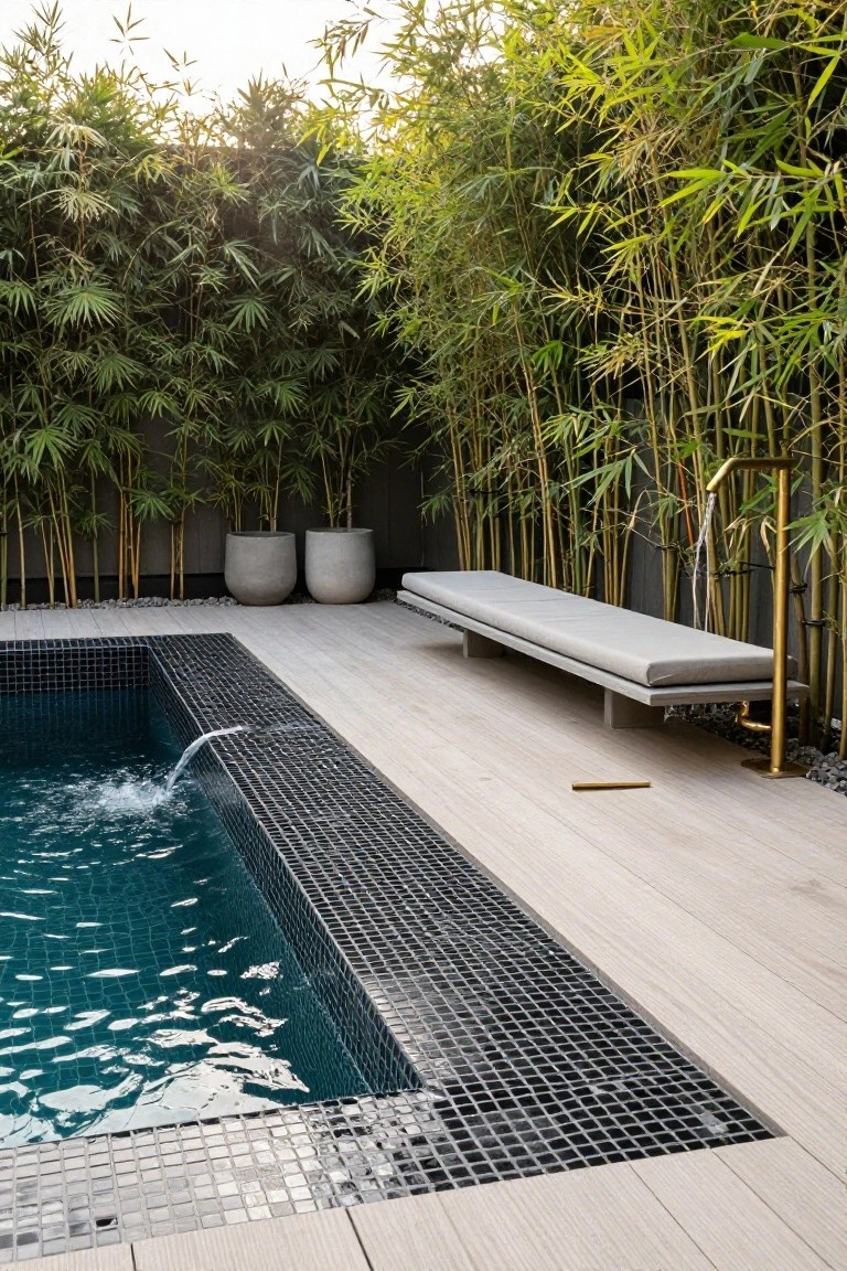 A small rectangular plunge pool with black mosaic tiles and overflowing water edge on a light wood deck, surrounded by tall green bamboo screens, with two large gray pots, a long gray cushioned bench, and a gold faucet.