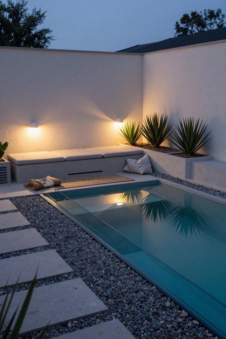 A minimalist rectangular plunge pool with glass edge and turquoise water sits next to a long white built-in bench on a stucco wall, flanked by agave plants, pebbles, and stone steps at dusk.