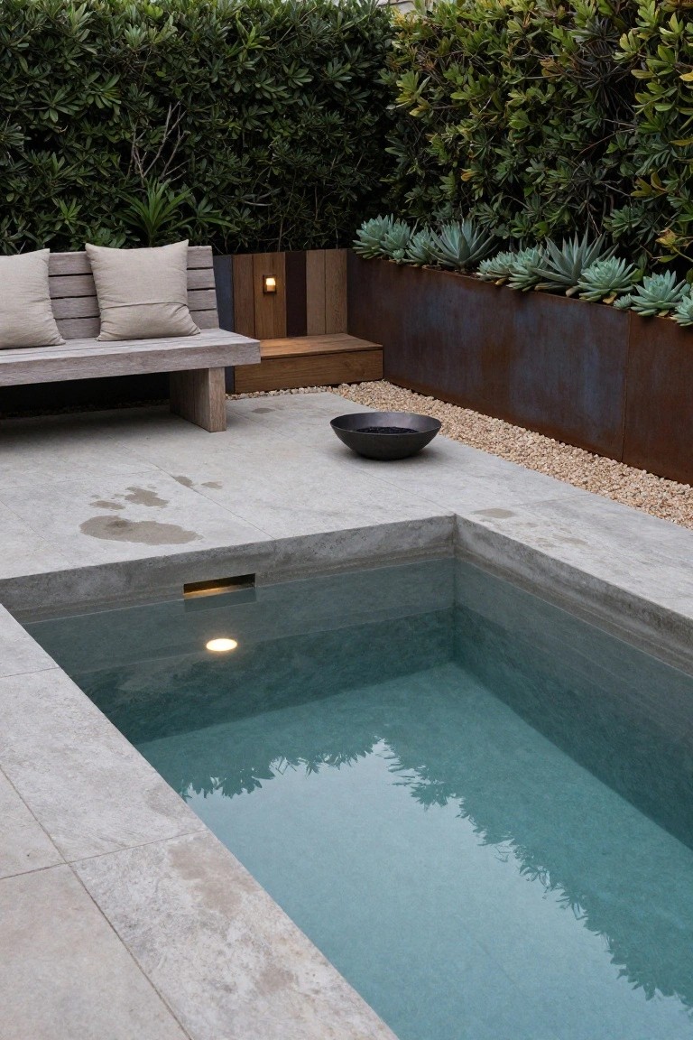 Small rectangular plunge pool with turquoise water and underwater light, edged in gray concrete pavers, wooden bench with white cushions nearby, black bowl on gravel, rust metal planters with agaves, and dense green hedge backdrop.