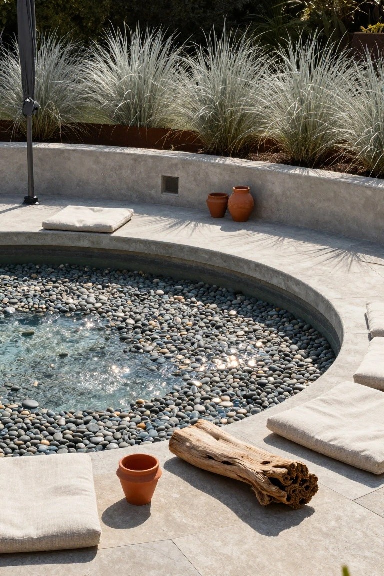 Curved concrete bench seating surrounds a small circular plunge pool filled with water and smooth pebbles, with white cushions, terracotta pots, driftwood log, and tall grasses in the background under a gray umbrella.