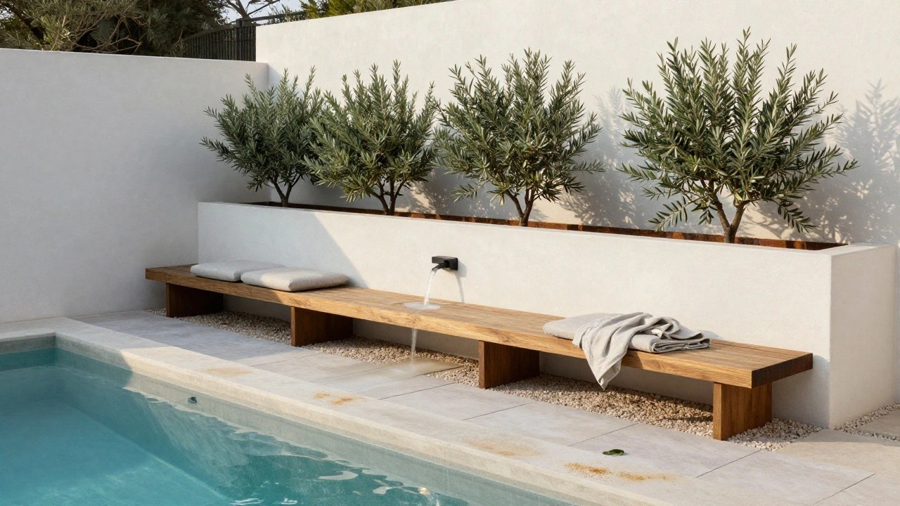 A narrow turquoise plunge pool edged in light stone tiles, with a low wooden bench topped by gray cushions and a folded throw blanket positioned along one side, flanked by white walls, olive trees in raised planters, and gravel paths.
