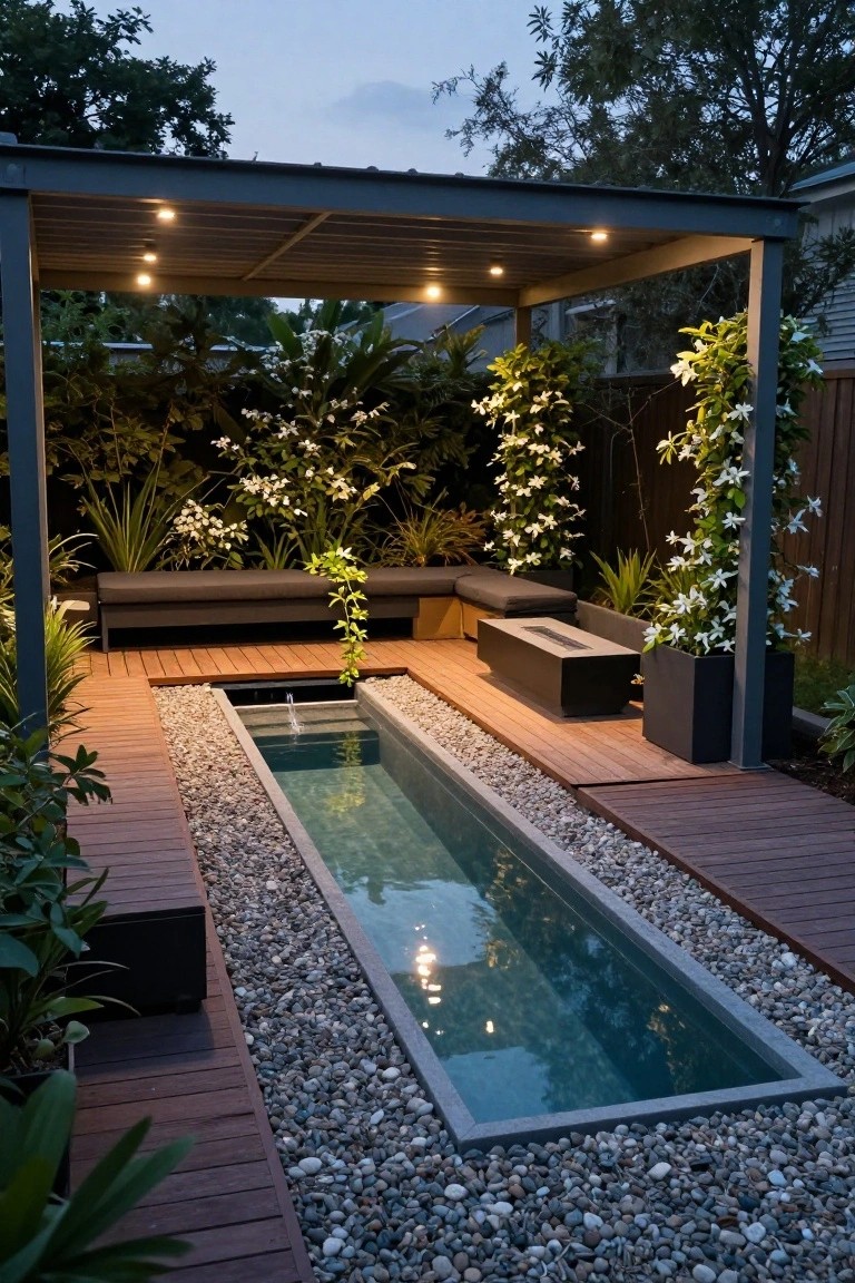 Narrow rectangular plunge pool centered in a wooden deck backyard with pebble borders, built-in black seating, a linear fire pit, potted plants, climbing vines on a metal pergola, and lush greenery under evening lights.