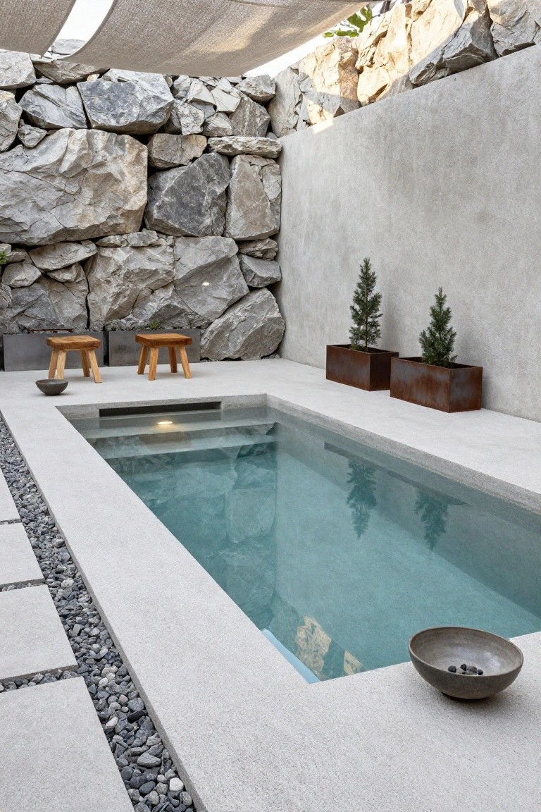 Small rectangular plunge pool with turquoise water in a minimalist courtyard surrounded by tall natural stone walls, wooden stools, potted fir trees in rusted metal boxes, and a beige fabric canopy overhead.