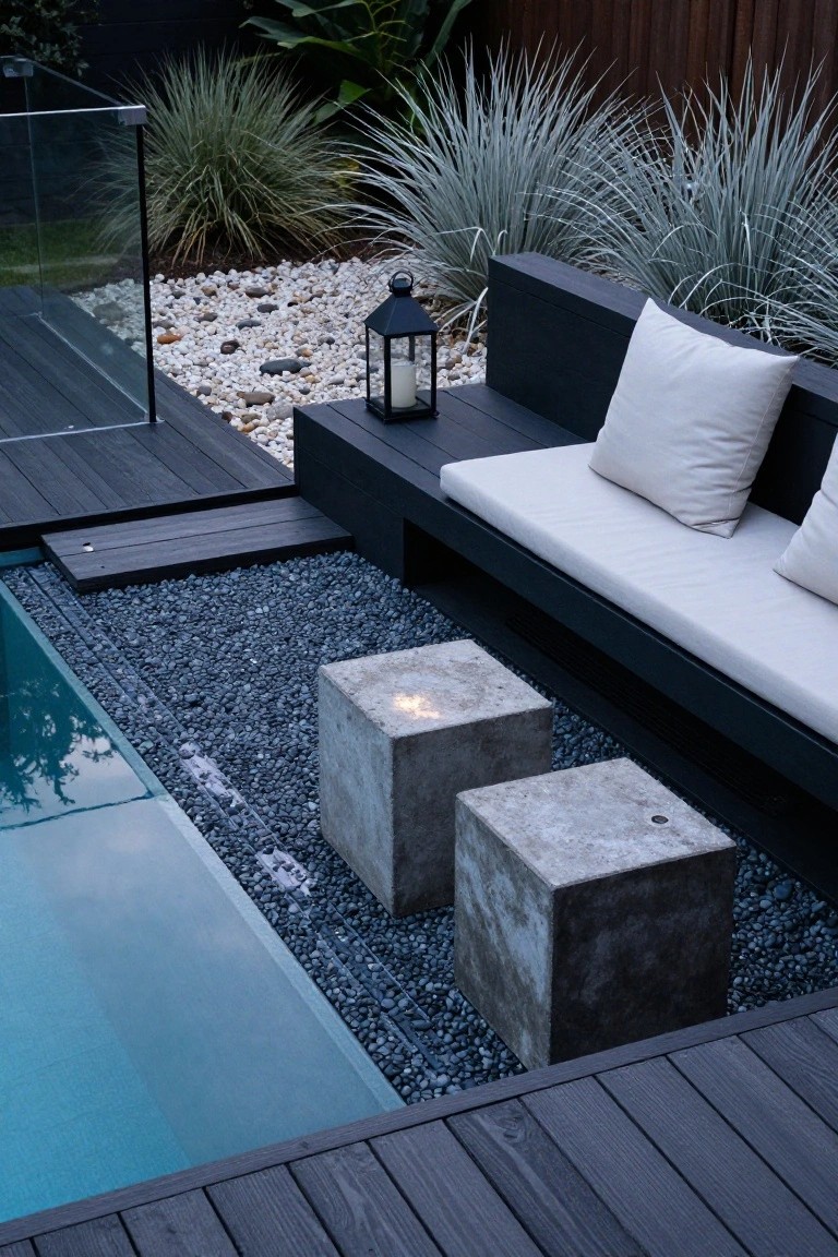 Overhead view of a plunge pool area with dark wood decking and bench topped by white cushions, two concrete block stools, black pebble ground cover, ornamental grasses, a lantern light, and glass pool fencing.