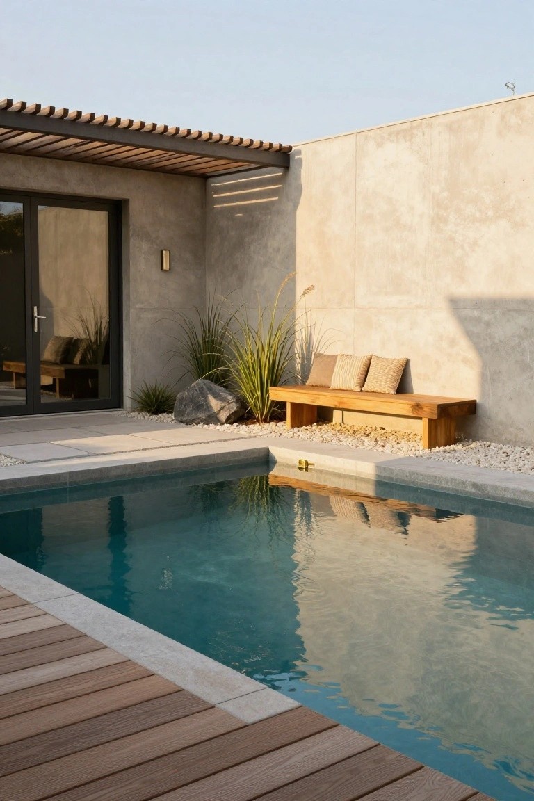 Minimalist outdoor plunge pool with turquoise water and wooden decking on one side, gravel and plants on the other, wooden bench with beige and striped cushions against a textured concrete wall, grasses, a large rock, and a glass door nearby.