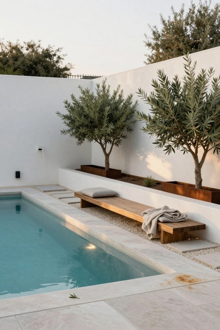 A narrow turquoise plunge pool edged in light stone tiles, with a low wooden bench topped by gray cushions and a folded throw blanket positioned along one side, flanked by white walls, olive trees in raised planters, and gravel paths.