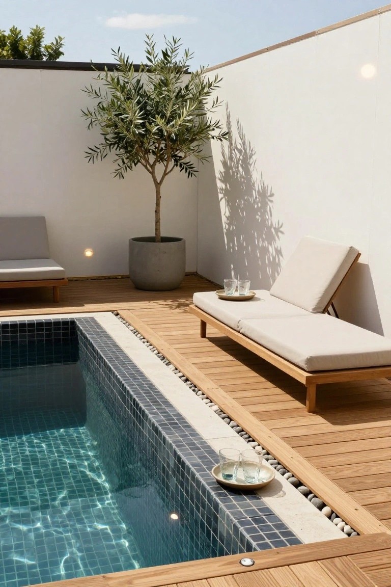 A rectangular plunge pool with dark mosaic tiles integrated into a light teak wood deck, with two cushioned teak loungers nearby, an olive tree in a gray concrete pot, pebble borders, and a white wall backdrop.