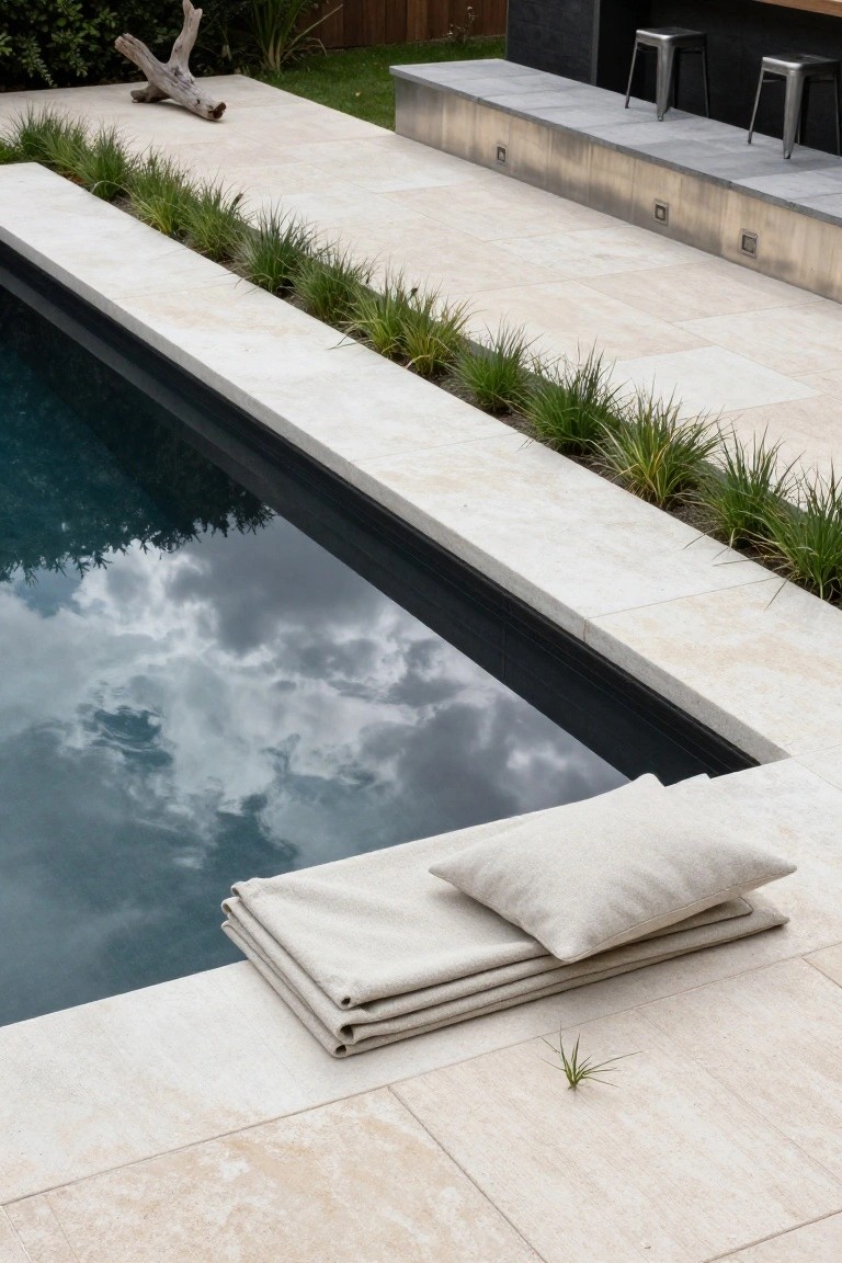 Close-up of a rectangular plunge pool with light beige tiled coping and decking, linear planters of grasses along the edge, stacked beige towels and pillow on the tiles, dark pool water reflecting clouds, and a nearby metal bar structure with stools.