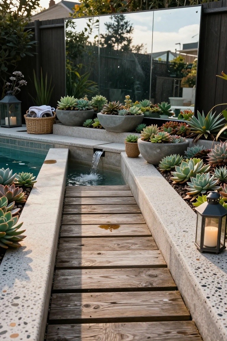 Close-up view of a turquoise plunge pool with concrete borders planted with various succulents, a narrow weathered wooden walkway along one edge, a small waterfall feature spilling into the pool, lanterns nearby, and a dark fence with mirrors in the background.