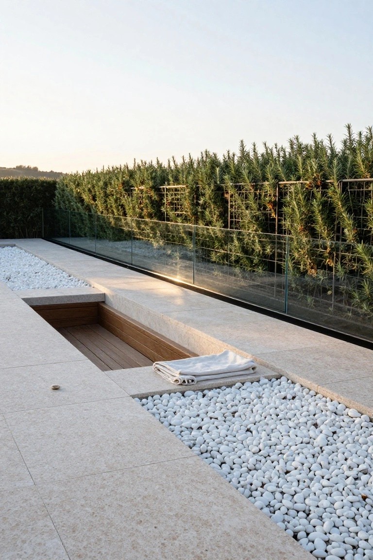 Outdoor pool terrace featuring a recessed wooden bench with a white towel, bordered by white pebbles on light stone paving, glass railing, and tall rosemary hedges in the background.