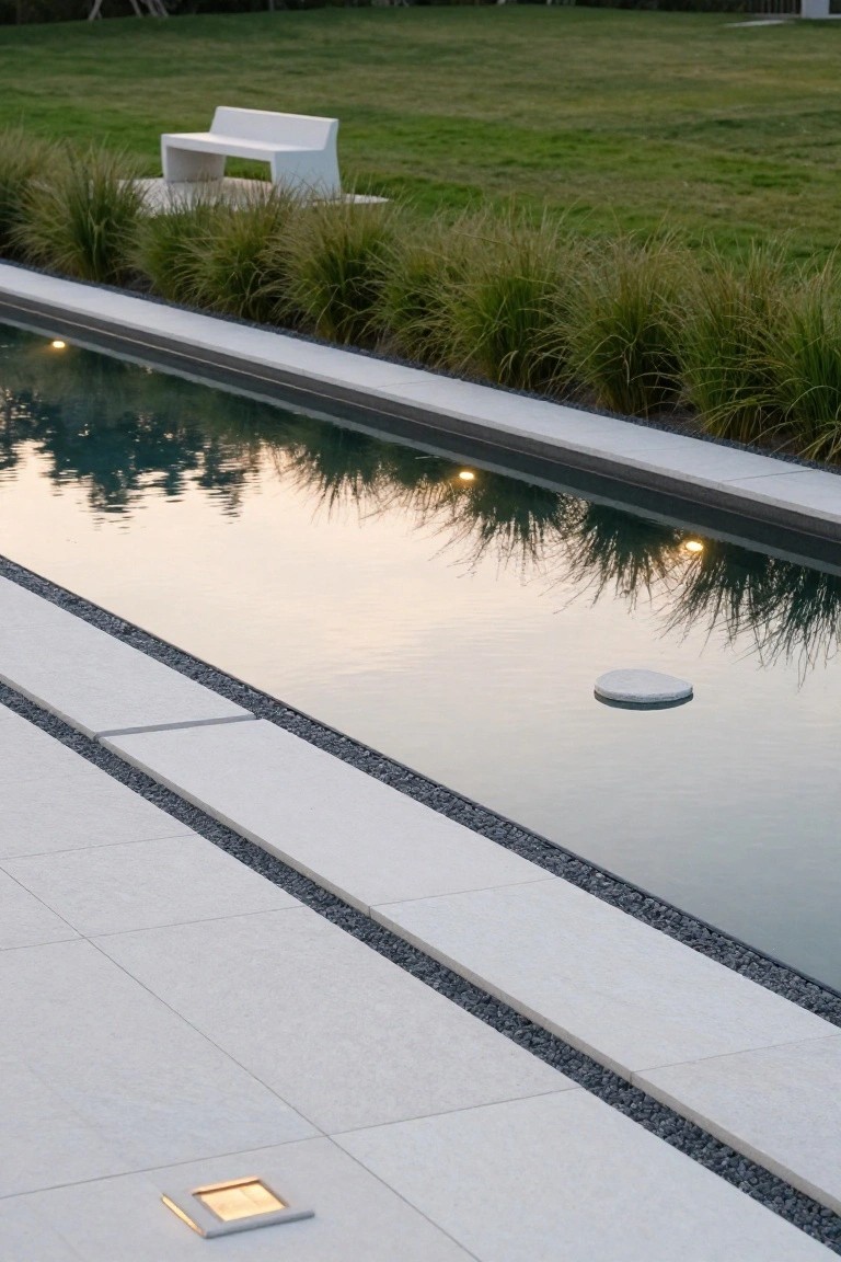 Long narrow swimming pool with clear water, white tiled decking along both sides separated by narrow black pebble borders, underwater lights visible beneath the surface, tall ornamental grasses screening one side, and a modern white bench on the grass nearby.