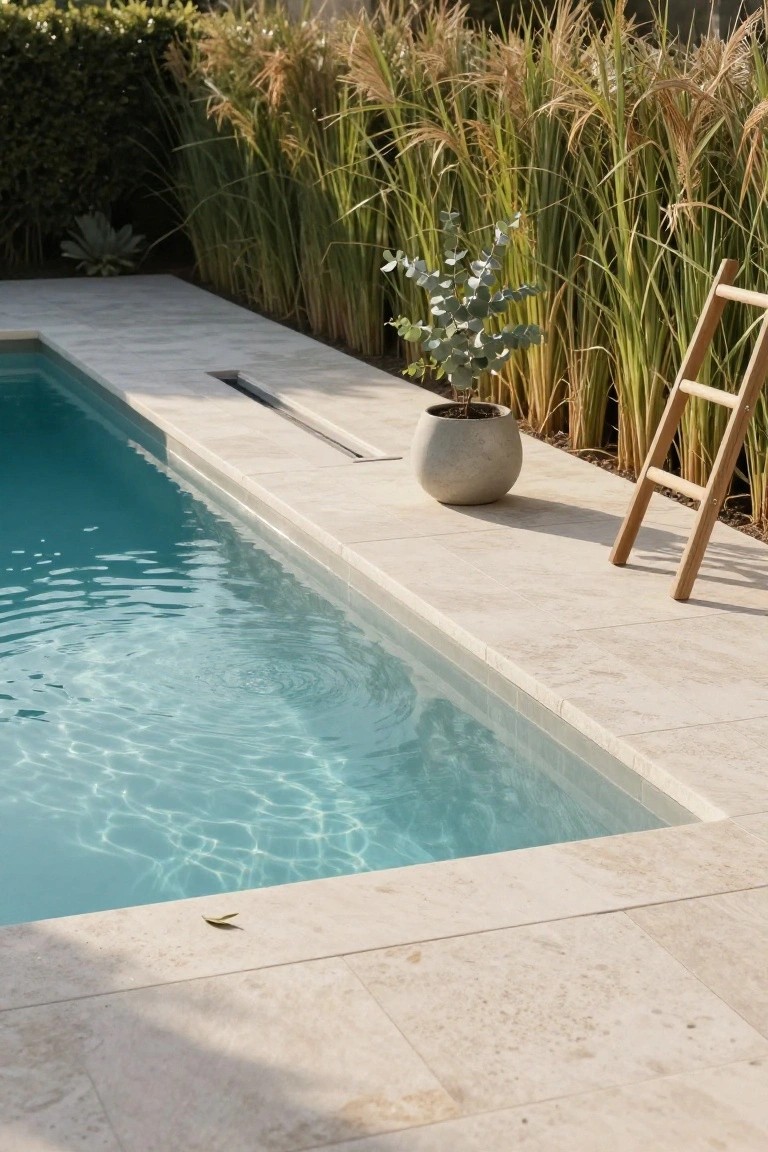 Close view of a turquoise swimming pool with light beige stone tiled coping and deck, wooden ladder leaning on the edge, gray pot with eucalyptus plant, and tall pampas grasses nearby.