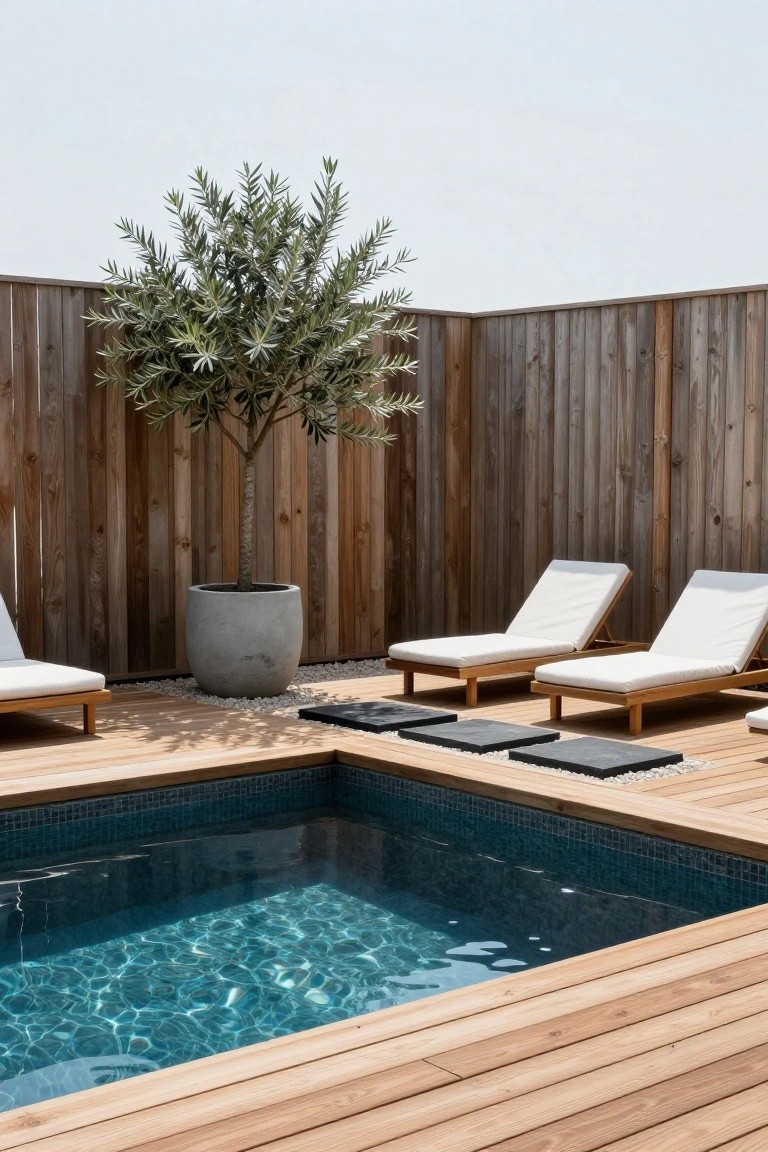 Small rectangular plunge pool with blue mosaic tiles surrounded by light wood decking in an L-shape, two beige lounge chairs with white cushions nearby, large potted olive tree, and tall wooden fence backdrop.