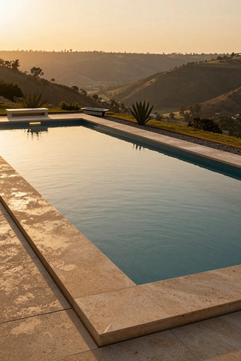 Rectangular infinity-edge swimming pool with beige stone decking and sparse agave plants on a hillside overlooking valleys at sunset.