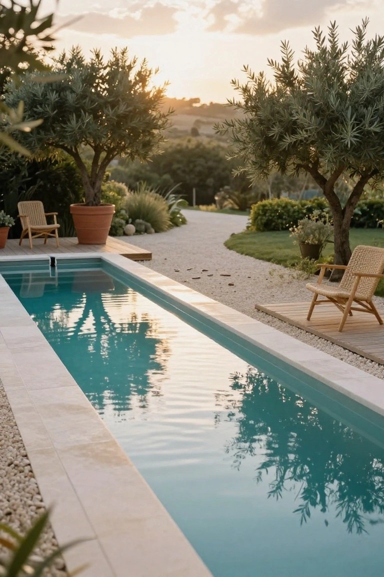 Long narrow turquoise pool with white stone edges, wooden deck platform, two rattan chairs, gravel path, potted plants, olive trees, and sunset sky in a garden setting.