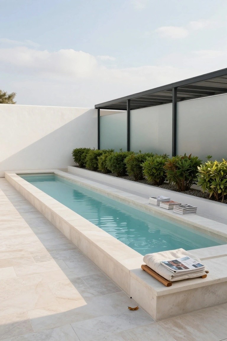 Long narrow turquoise pool with white travertine edges and surround, flanked by boxwood shrubs in planters, stacks of books and a towel on a wooden tray at the poolside, black metal pergola overhead against white walls.