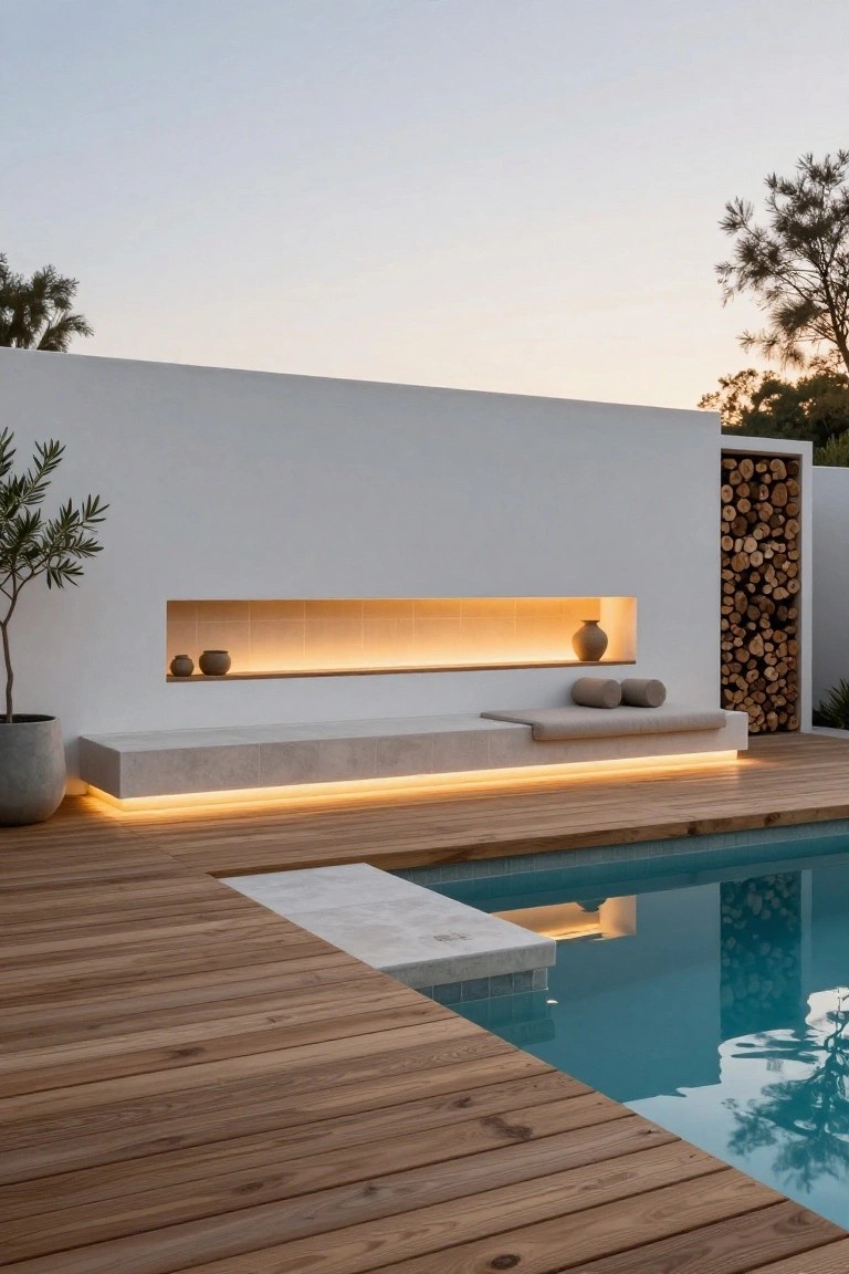 White wall with recessed niche containing pots and implied fireplace, built-in bench with LED underlighting and cushions, firewood stack, potted olive tree, wooden deck extending to turquoise pool at sunset.