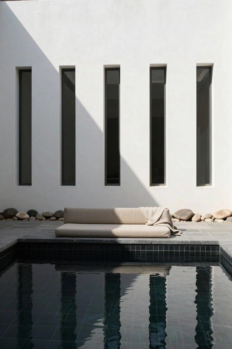 White wall with four narrow vertical windows above a black-tiled pool, beige daybed on slate paving with pebbles nearby
