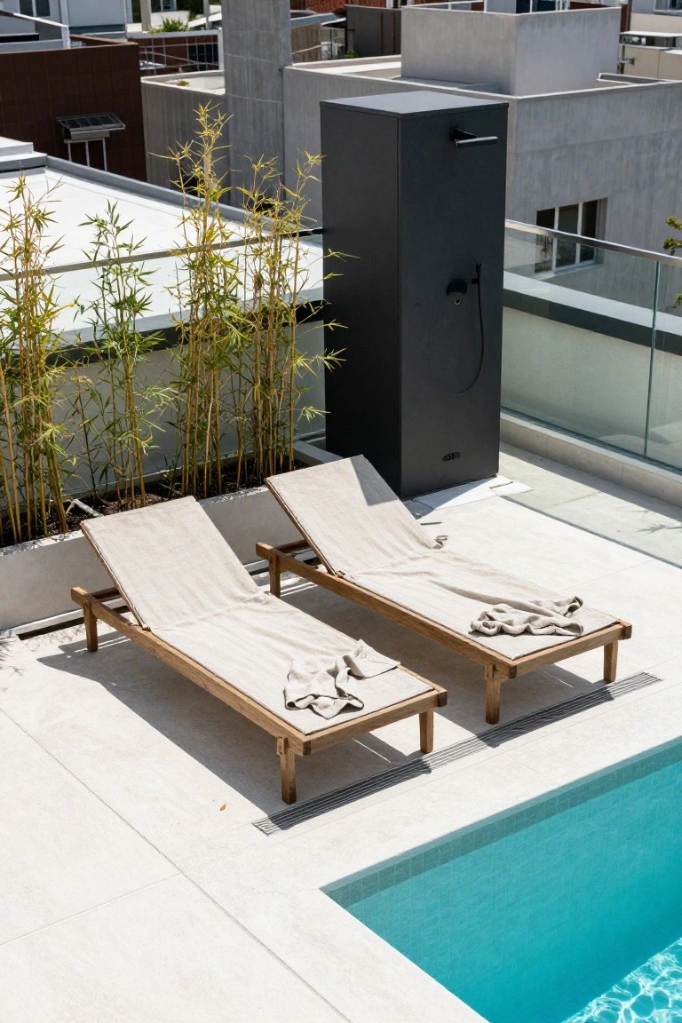 Rooftop terrace with a narrow rectangular pool, two adjacent teak loungers covered in beige fabric, tall bamboo plants in white planters, a black outdoor shower enclosure, and surrounding modern buildings.