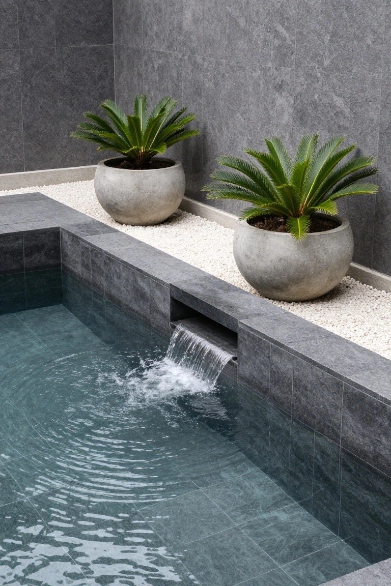 A rectangular pool with clear teal water and a narrow waterfall flowing from a dark gray tiled wall into the pool, edged by white pebbles and two large gray concrete pots containing green palm plants.