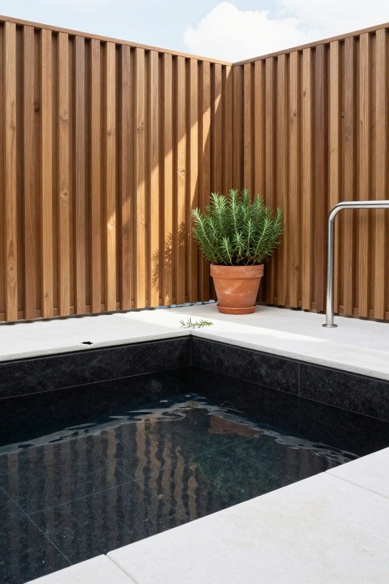Corner outdoor plunge pool with black tiles and water, surrounded by tall vertical slatted wooden fencing, white decking, terracotta pot with rosemary plant, and stainless steel handrail.