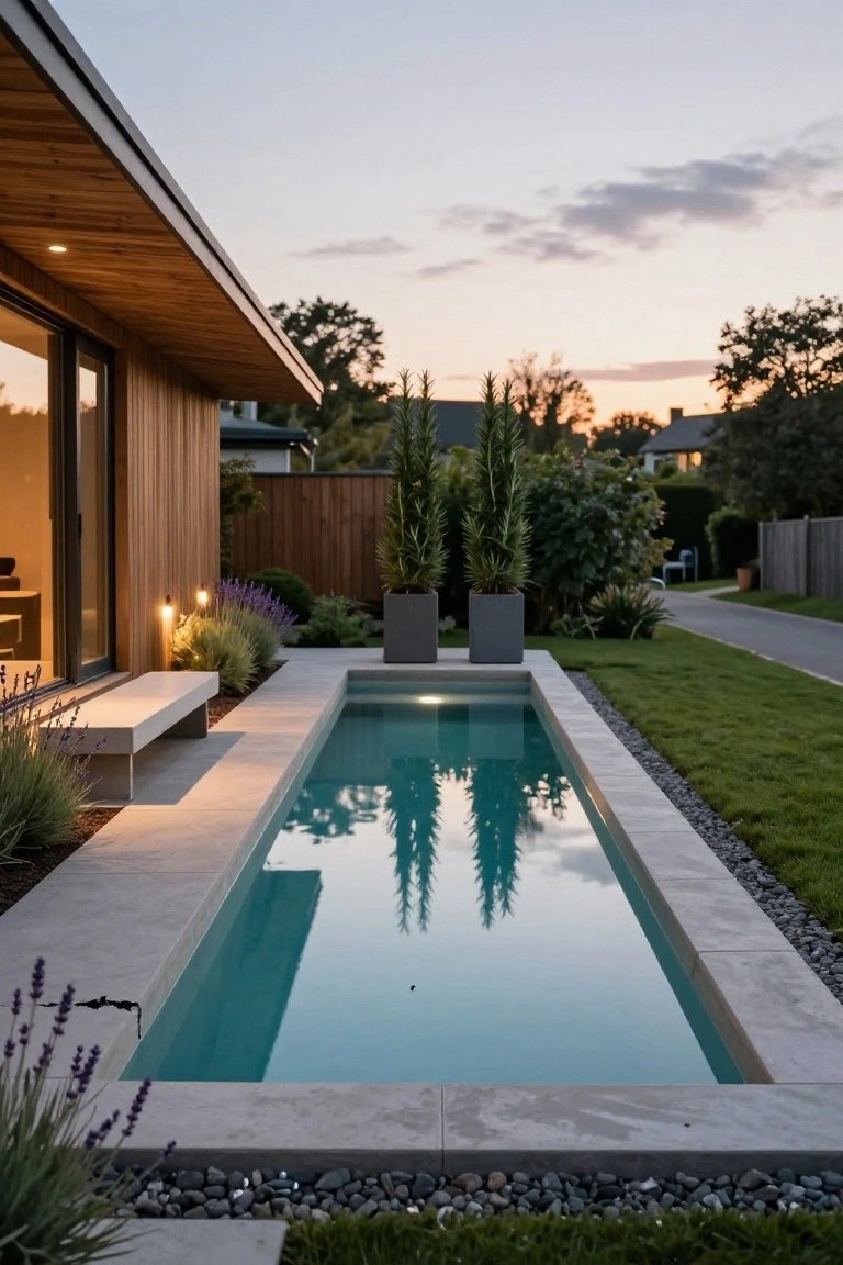 Narrow rectangular turquoise pool alongside a modern wooden house exterior, with concrete deck, bench, lavender plants, potted trees, gravel borders, and lawn in a garden at dusk.