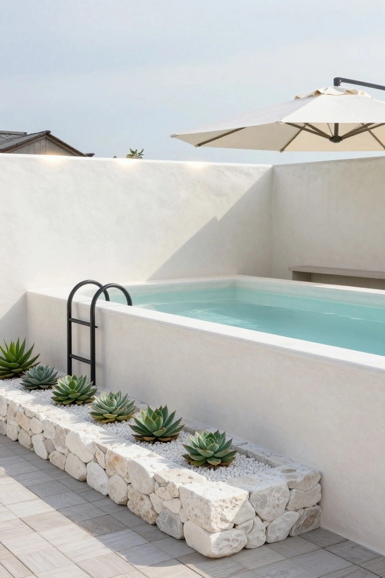 Small turquoise pool on a white-walled terrace with black metal ladder access, edged by white stone planters with agave succulents and pebbles, beige cantilever umbrella, and light gray tiled floor.