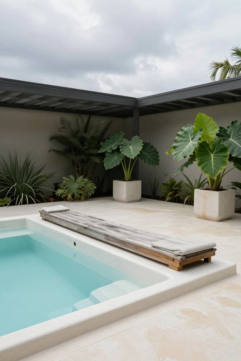 A small turquoise plunge pool with a narrow weathered wooden lounger platform positioned at the edge, flanked by large potted tropical plants under a covered black metal pergola against gray walls.