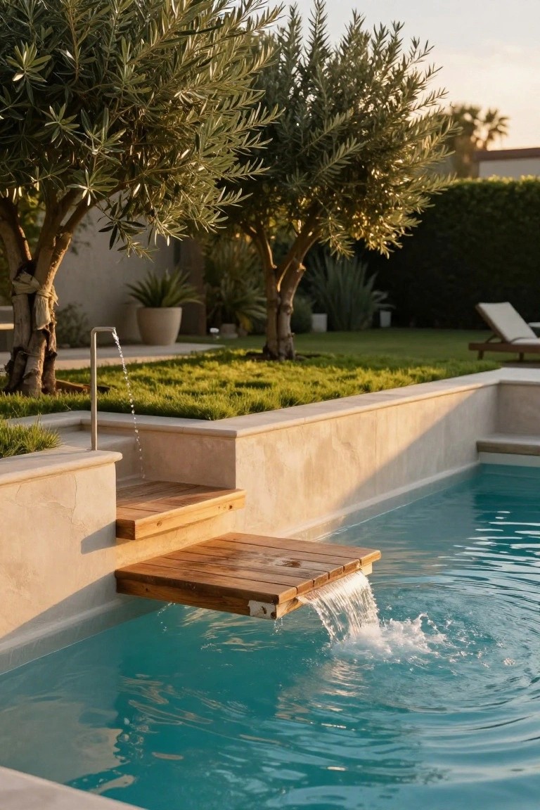 Close-up of a rectangular pool with turquoise water, a wooden platform cantilevered over one edge above a stainless steel faucet spout pouring water as a waterfall, beige stone retaining walls, steps, green grass, potted plants, olive trees, and a lounge chair in the background.