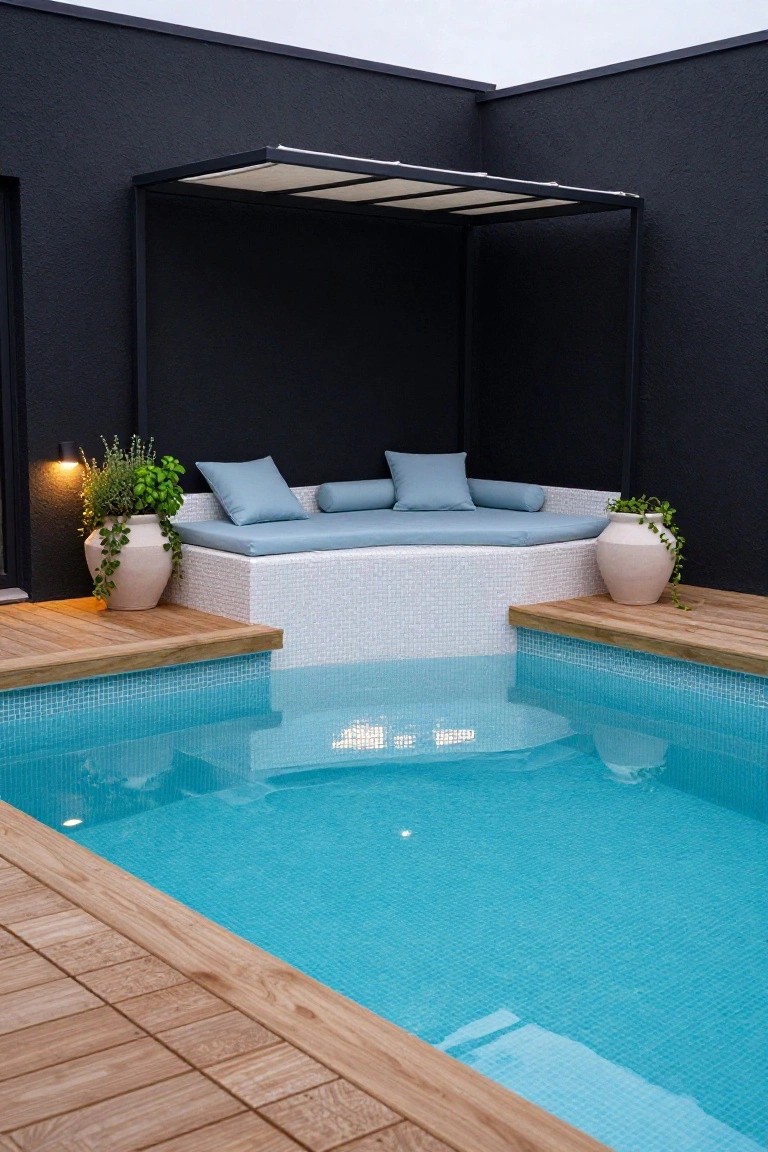 A half inground turquoise pool edged in mosaic tiles and wood decking, with a white tiled L-shaped built-in bench topped by blue cushions under a beige pergola, potted plants on either side against dark walls.