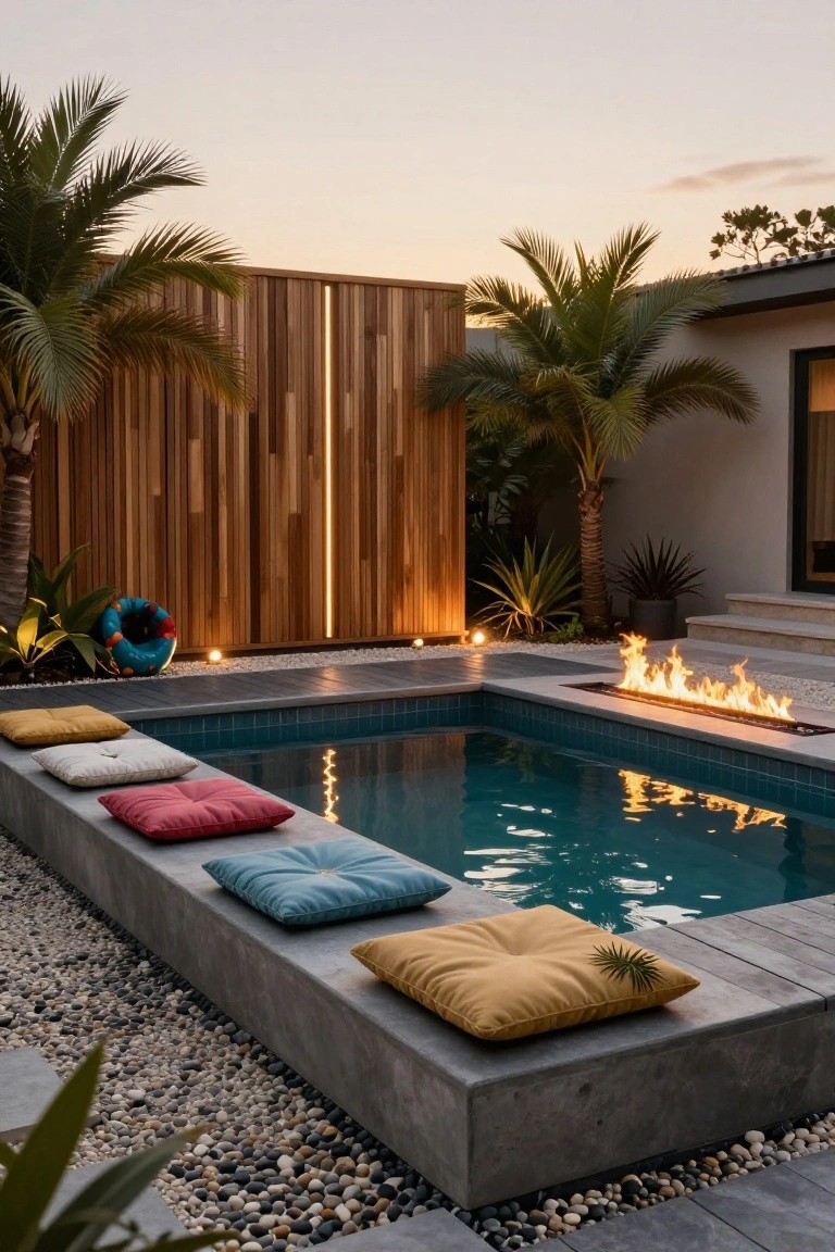 Modern half-inground turquoise pool with gray concrete deck ledge lined with large colorful cushions, linear gas fire pit along one edge, surrounded by palms, agave plants, wooden slat fence, and pebble mulch at dusk.