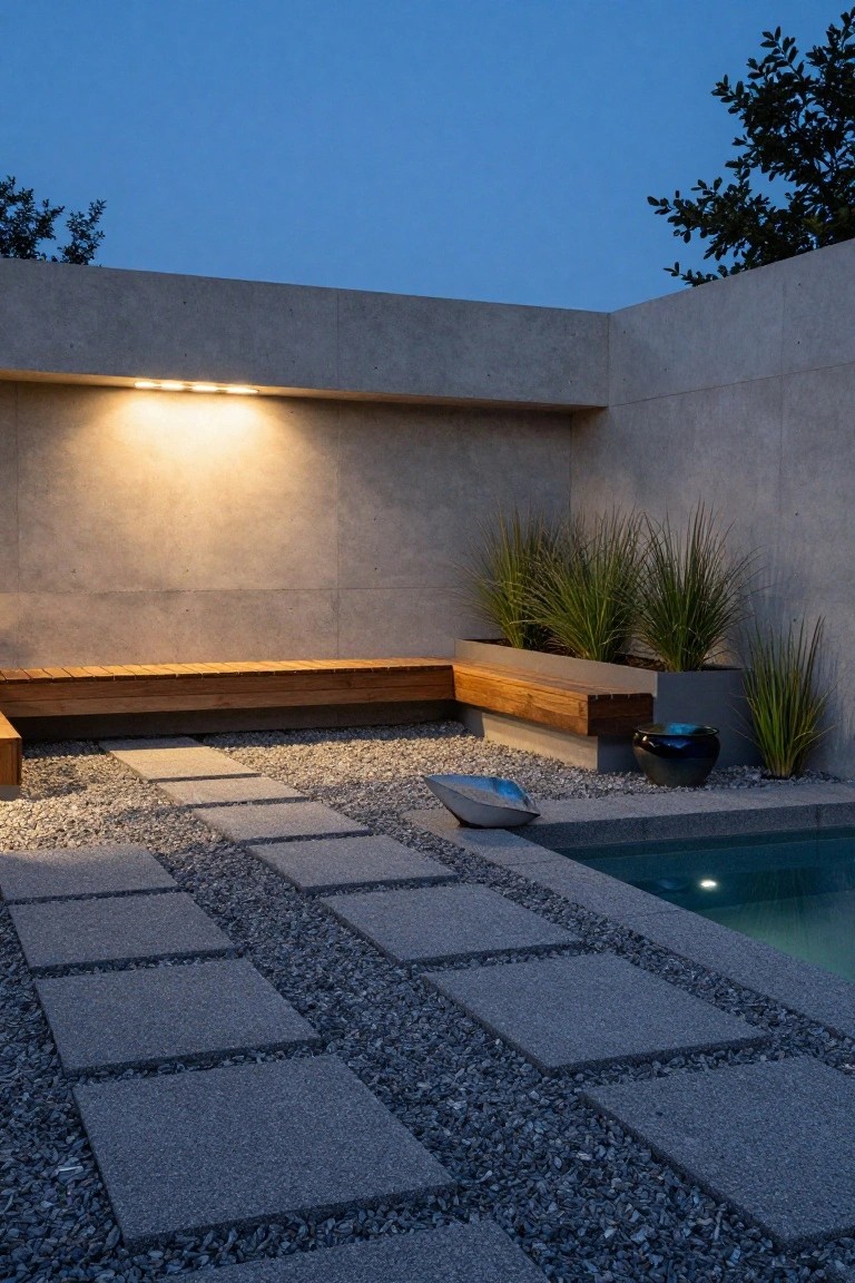 Modern half-inground pool at dusk with L-shaped wooden bench against concrete wall, gravel ground cover, stone step path, potted grasses, and wall-mounted lights.
