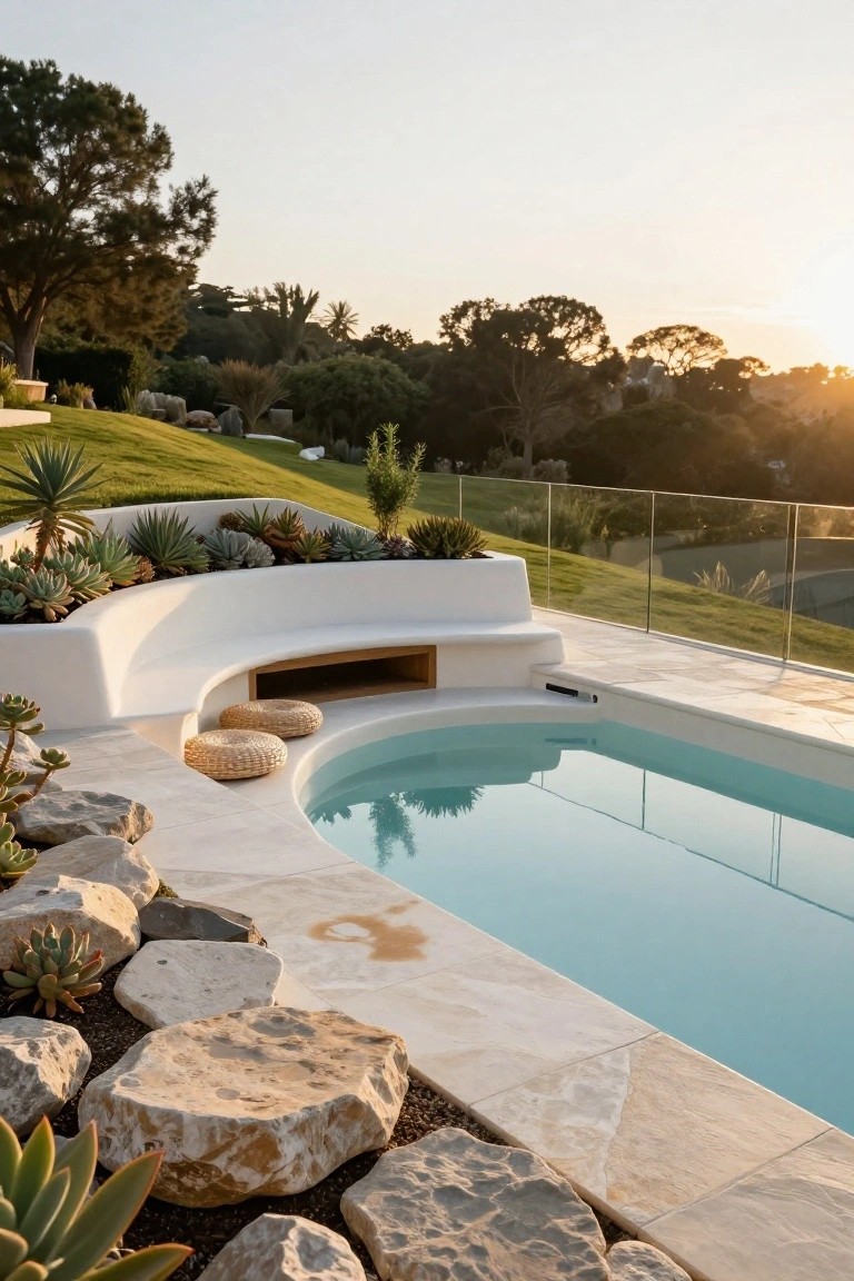 Curved white built-in bench with woven cushions along a turquoise half-inground pool on a travertine deck surrounded by succulents and rocks, with glass railing and grassy hillside view at sunset.