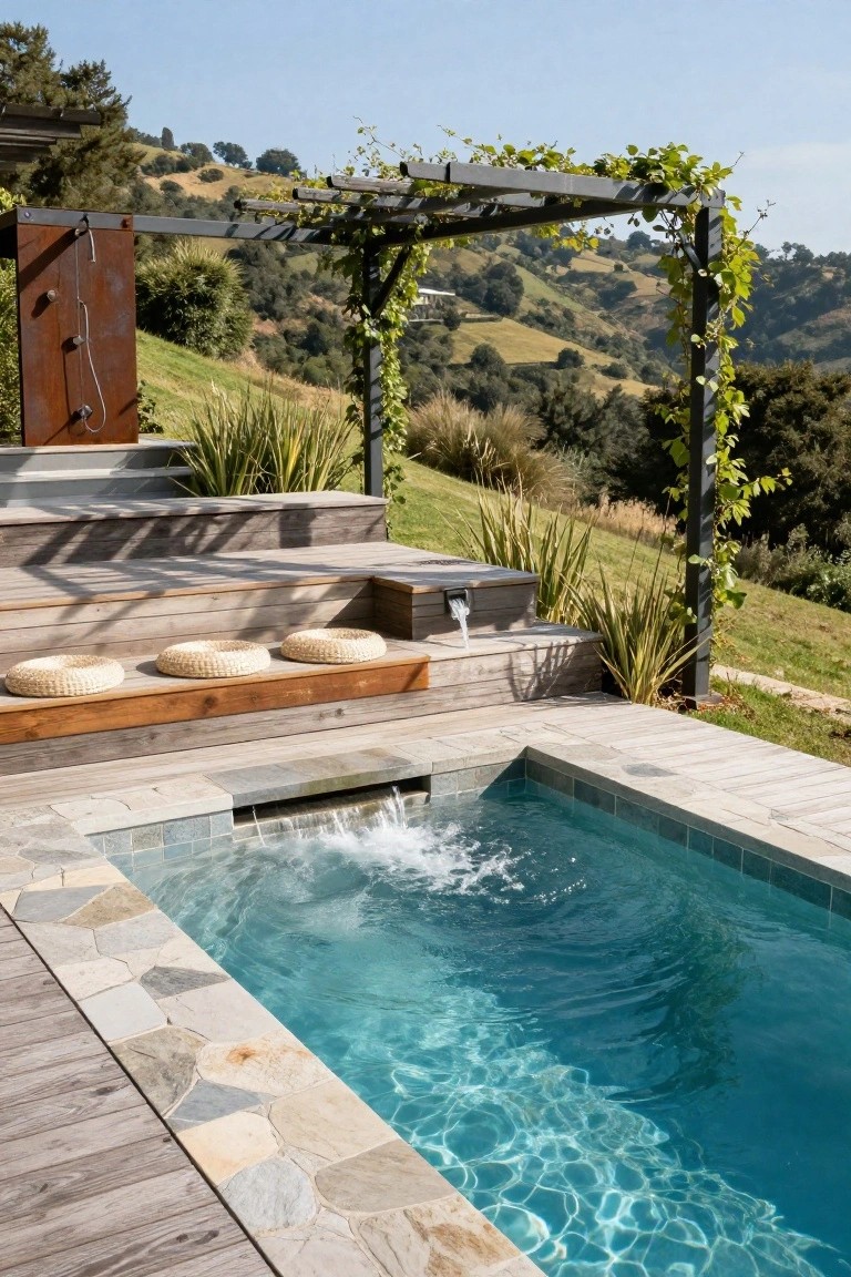 Small rectangular turquoise-tiled inground pool with waterfall feature, surrounded by wooden decking and broad steps holding round woven cushions, under vine-covered metal pergola, with grassy slopes and hills beyond.