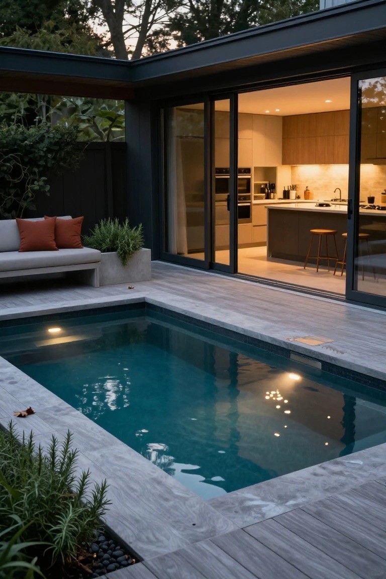 Compact half-inground pool with turquoise water, edged in gray concrete and surrounded by light gray wood decking, concrete bench with orange cushions, potted rosemary plants, and sliding glass doors open to a modern kitchen interior.