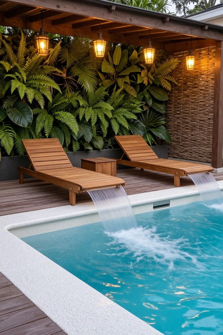 Wooden deck with two adjustable chaise lounges positioned near a waterfall edge flowing into a turquoise half inground pool, surrounded by lush green plants, lanterns, and a pergola structure.